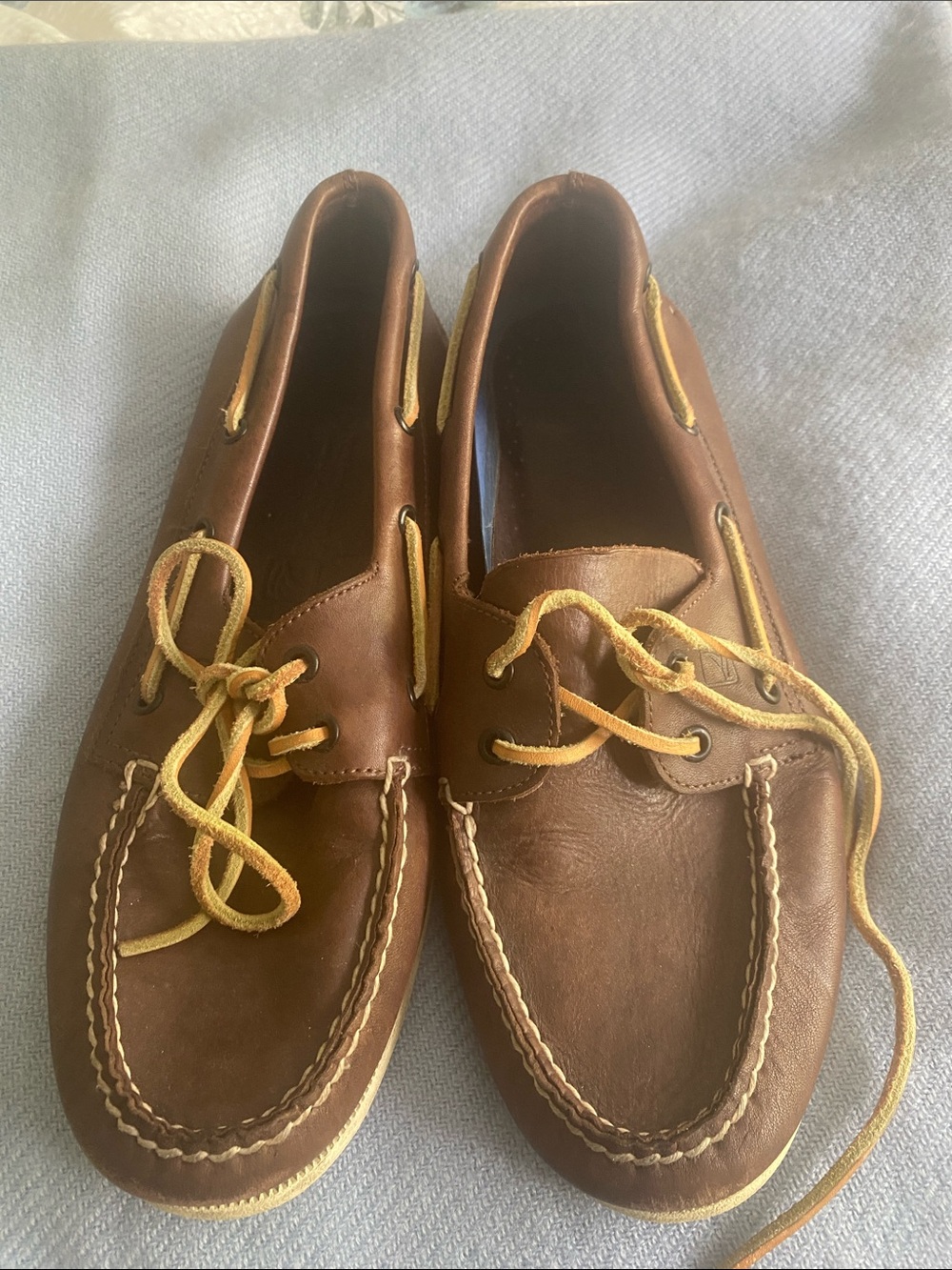 Sperry Brown Leather Boat Shoes with Yellow Laces
